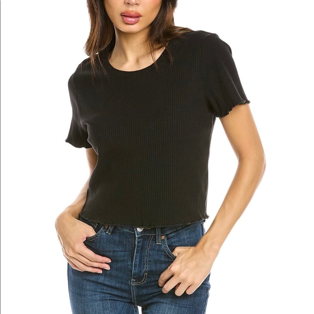 Good American Black Ribbed Crop Top Lettuce hem Size 3 or Large NWT